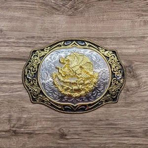 Kid's Cowboy Belt Buckle Mexican Eagle 3.25" x 2.5" Silver/Black/Gold - Picture 1 of 2