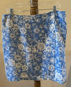 Cottage 100% Irish Linen Wrap Skirt Floral Blue Cream Summer Women's Size 16 - Picture 1 of 6