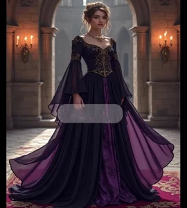 Fantasy lila viktorianisches Brautkleid mit goldener Spitze Mittelalter Ästhetik - Bild 1 von 9