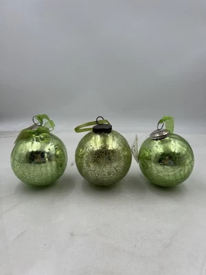 HomeGoods green glass Christmas ornaments set of 3 crackle mercury look - Image 1 of 4