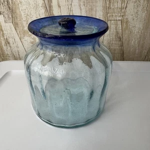 Mundgeblasene Glasdose Mexiko mit Deckel blauer Rand Keks Keksdose 6”x4” Bauernhof - Bild 1 von 17