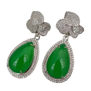 Green Agate Teardrop Cubic Zirconia Pave Bezel Set Dangle Stud Earrings - Picture 1 of 7