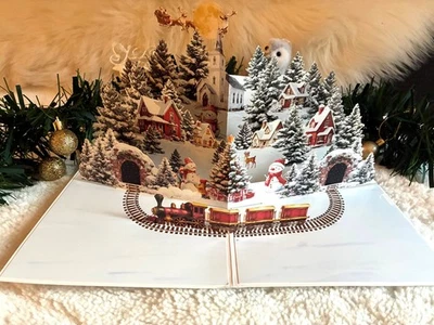 Beautiful 3D Pop Up Christmas Village Card Snowman Reindeer Xmas Fir Trees - Image 1 of 4