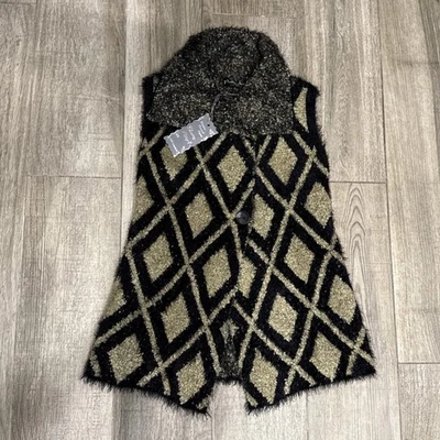 Cárdigan Pretty Angel Negro y Camel Lino Mezcla Cachemira Tejido Sin Mangas Med Foto 1 de 4