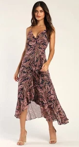 NWT Lulus Effortless Days Navy Blue Paisley Print Ruffled Midi Dress Size M - Foto 1 di 14