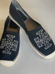 TORY BURCH SUEDE JEWEL EMBELLISHED ESPADRILLES PERFECT BLACK/ BLACK DIAMOND 10M - Picture 1 of 13