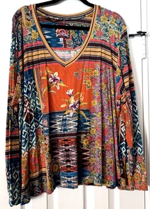 Johnny Was Langarmshirt V-Ausschnitt Bambus & Elasthan Blumen Oberteil Shirt XXL/2XL - Bild 1 von 4