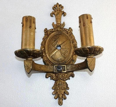 OLD Heraldic Spanish Revival Architectural Brass 2Arm Socket Wall Sconce Fixture - Image 1 of 4