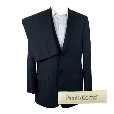 Pronto Uomo 2 Piece Suit Mens 41L 36x31 Charcoal Gray Black Pinstripe Flat Front - Image 1 of 4