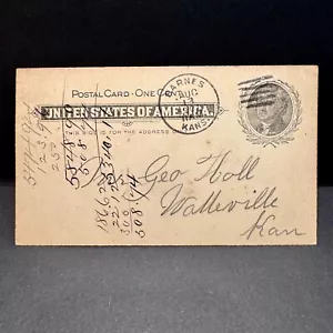 Postmark BARNES KS Postal Card MONEY MATTERS Loan/Bank, to Waterville KS 1901 - Picture 1 of 2
