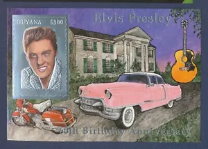 GUYANA - MNH Silver S/S - Elvis, pink Cadillac, motorcycle, guitar --a - Picture 1 of 1