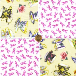 Tea for Two Teacup Breast Cancer Aware Cotton Quilt Fabric Squares cc1 - Picture 1 of 1
