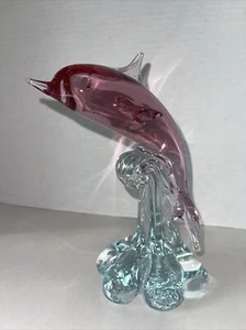 Dolphin Art Glass Figurine Blue & Pink Pastels 7.5” Pre-owned Ocean Nautical Art - Picture 1 of 14