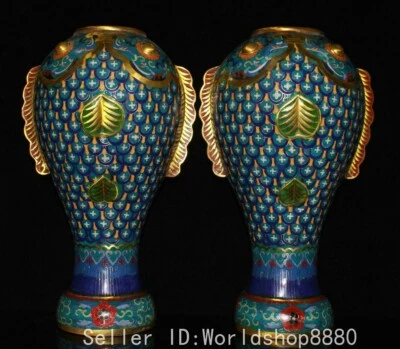 14,4-дюймовая старая китайская ваза Qianlong из чистой меди клуазоне позолота год рыба пара - Изображение 1 из 4