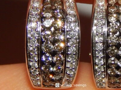 14K WHITE GOLD 1.00 TCW CHOCOLATE WHITE DIAMOND 6/10 " HUGGIE OMEGABACK EARRINGS - Image 1 of 4