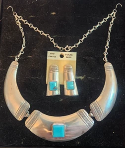 Native American Navajo Large Turquoise Sterling Silver Necklace w/ Earrings Sign - Picture 1 of 4