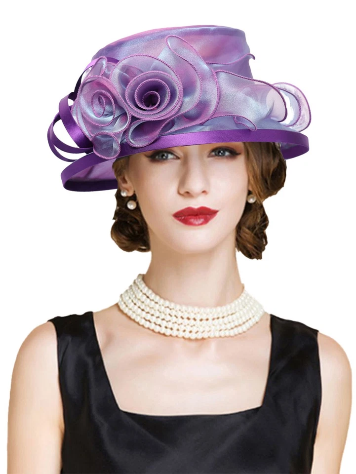 Sombreros Derby Morados para Fiesta del Té Para Mujer Elegante Sombrero de Boda Flor Fascinadores Gorra Foto 1 de 4