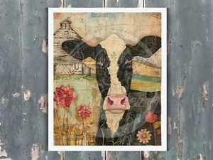 Primitive Farmhouse Farm Milk Cow  Kona Cotton Quilt Fabric Panel 5x7 8x10 Z10 - Picture 1 of 6