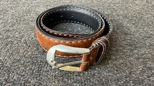Canali Italy Belt 95/110 Brown Smooth Leather Brass Silver Tone Buckle Italy - Picture 1 of 16