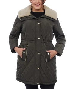 NEW MICHAEL MICHAEL KORS Hooded Faux-Fur-Collar Quilted Coat Plus Size 3X - Picture 1 of 4