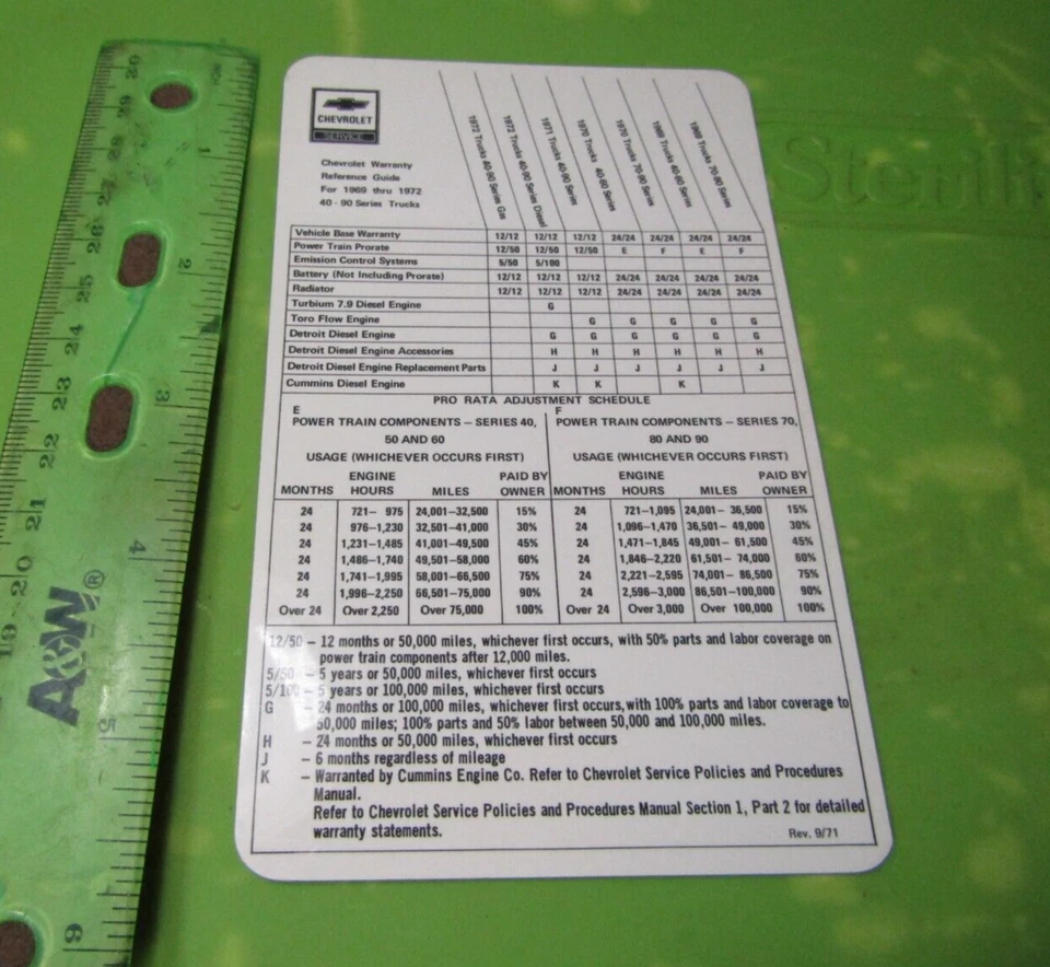 Carta Di Garanzia Del Rivenditore NOS Per Camion Chevrolet Serie 40-90 1969-1972 - Immagine 1 di 1