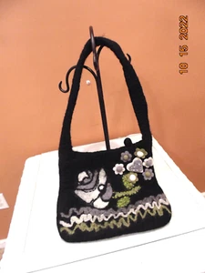 ACORN Brand BOILED WOOL BLACK HANDBAG W/ZIPPER SIZE 10" X 11" BAG DROP 11.5 " - Picture 1 of 4