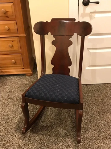 Mahogany Federal style Rocker w/Scroll Crest and Upholstered Seat Cover