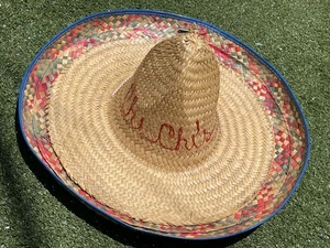 Cappello sombrero messicano vintage in paglia multicolore tesa intrecciata e cuciture blu  - Foto 1 di 11