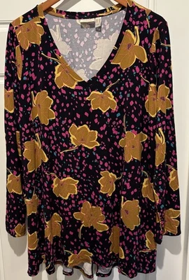 LOGO Lori Goldstein Tunic Size 1X Gold Purple Pink Striped Long Sleeve Stretch - Image 1 of 4