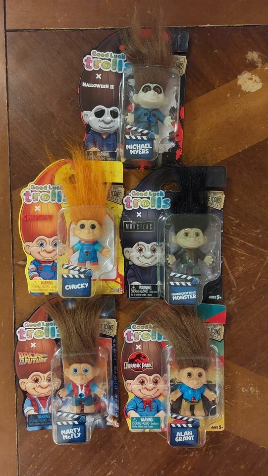 Набор из 5 значков фильмов Good Luck Trolls — Франкенштейн Чаки Майерс Макфлай Грант - Изображение 1 из 1