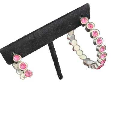 Pendientes de aro de cristal rosa de 2" redondos tono plata estrás declaración cóctel Foto 1 de 4