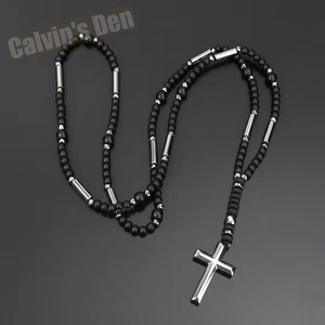 Matte Black Glass Beads Hematite Tube Beads & Cross Pendant Necklace Women Gift - Picture 1 of 9