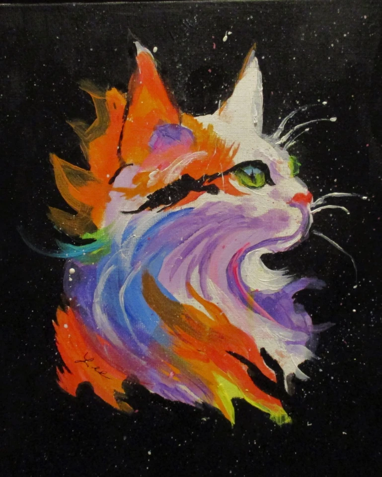 Tela acrílica original abstrata arte "Gato Cósmico" 8 x 10 CJ Lee - Imagem 1 de 1