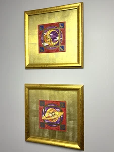 Vintage 90s Y2K Celestial Whimsigoth Moon & Saturn Gold Frame Prints by Geoff - Picture 1 of 24
