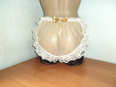 Sissy semi sheer frilly bum butt nylon briefs knickers panties gold & white - Photo 1/2