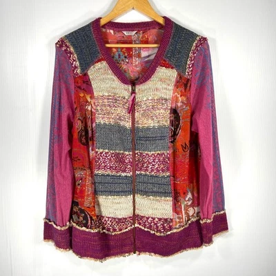 Kaktus Boho Multi Color Zip Front Patchwork Knit Mesh Cardigan Womens Medium - Image 1 of 4