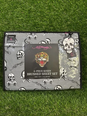 Juego de sábanas Ed Hardy negro/blanco calavera huesos de serpiente estampado 6 piezas Queen con 4 fundas de almohada Foto 1 de 2