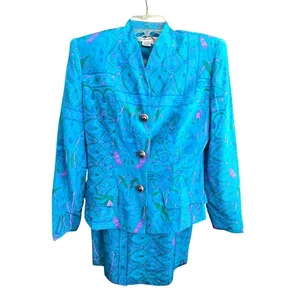Anne Crimmins Turquoise Floral Silk Blazer & Skirt Set Size 4 Womens HS164 - Picture 1 of 12