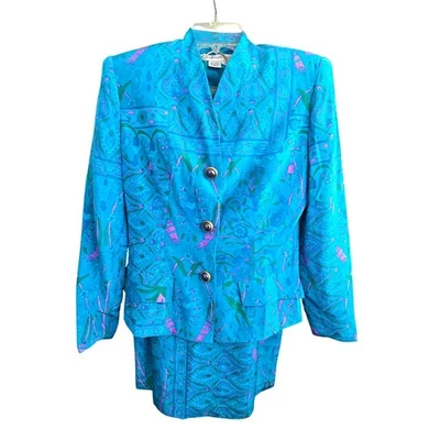 Anne Crimmins Turquoise Floral Silk Blazer & Skirt Set Size 4 Womens HS164 - Image 1 of 4