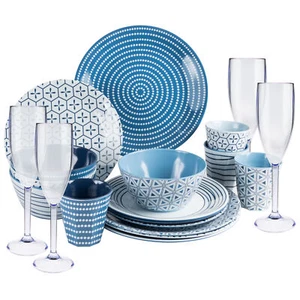 Melamin Geschirr und Glas Set 4 Personen Campinggeschirr blau weiß mit Gläsern - Bild 1 von 7