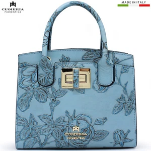 Cuoieria Fiorentina Italian Tuscan blue leather small Tote bag floral pattern - Picture 1 of 10