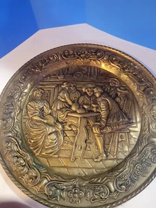 Vintage 16 1/2" Embossed Hanging Brass Wall Plate Tavern Scene - Picture 1 of 4