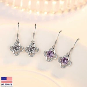 Women 925 Sterling Silver Jewelry Crystal Eternal Luck Clover Earrings Stud Hook - Picture 1 of 8