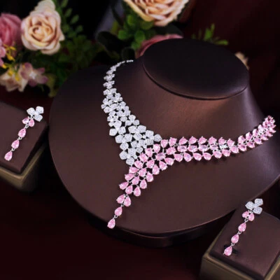 Elegante conjunto de joyas de circonita cúbica rosa flor gota boda collar pendiente circonita cúbica Foto 1 de 4