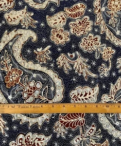 Gorgeous Batik Paisley Floral Fabric Panel Dark Blue Brown & White 41"W x 92"L - Picture 1 of 5