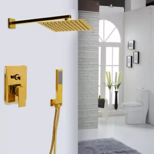 Gold Bathroom Shower Faucet Set 8" Rain Shower Head+Handsprayer Square Value Set - Picture 1 of 9