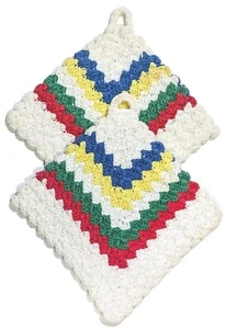 2 Antique Handmade Crochet Pot Holder Hot Pad Trivet RARE Primary Colors 5" SQ - Picture 1 of 5