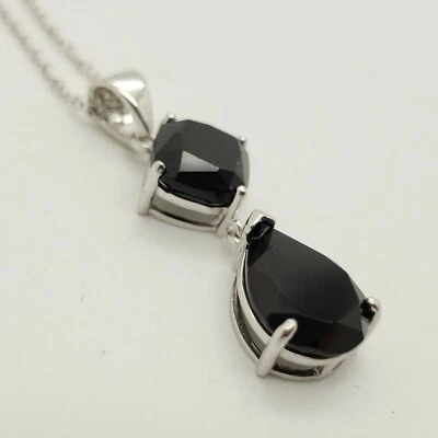 New PJC 925 Sterling Silver Drop Dangle Black Spinel Pendant 18' Chain Necklace - Image 1 of 4