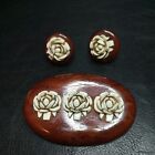 Vintage Jewelry Wood Flowers Pin Brooch Screw Back Earrings Set. 7167