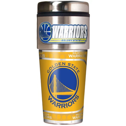 GOLDEN STATE WARRIORS 16 OZ STAINLESS STEEL COFFEE TRAVEL MUG WITH METAL EMBLEM Cover